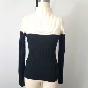 bebe Two-Tone Black and Cream Ribbed Turtleneck Sweater